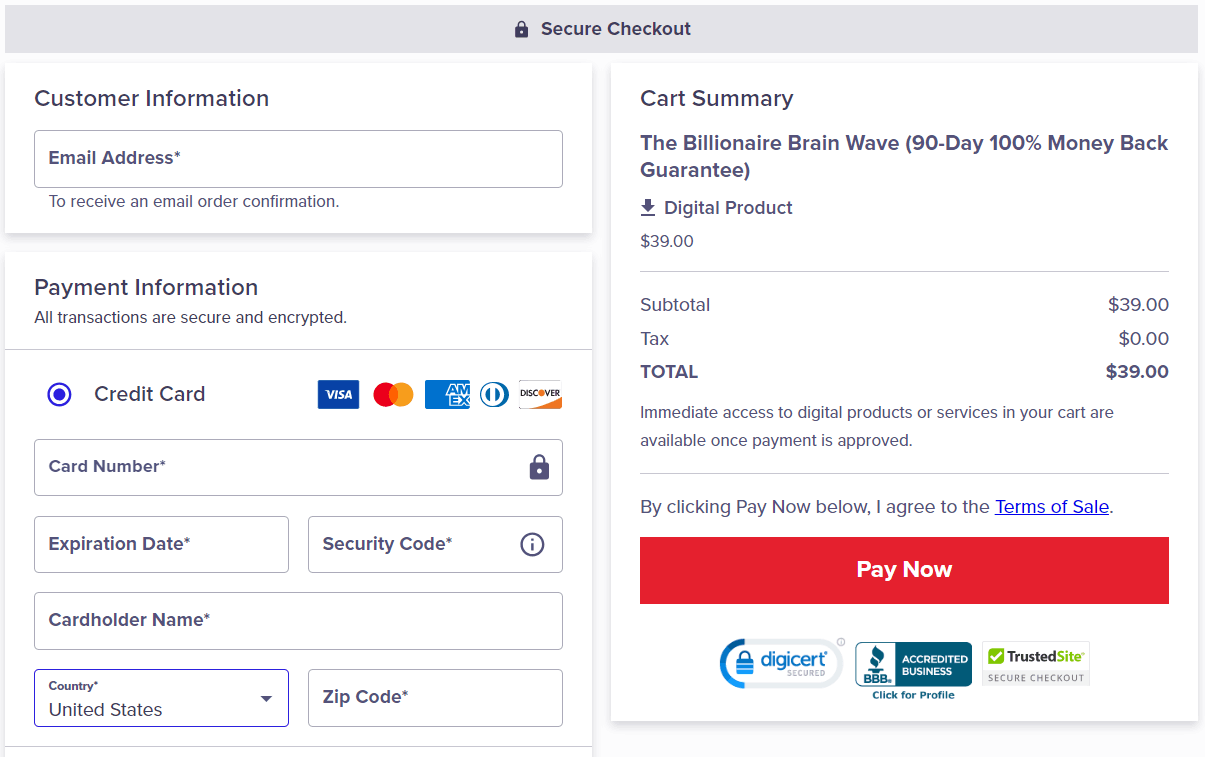 Billionaire Brain Wave Checkout Page